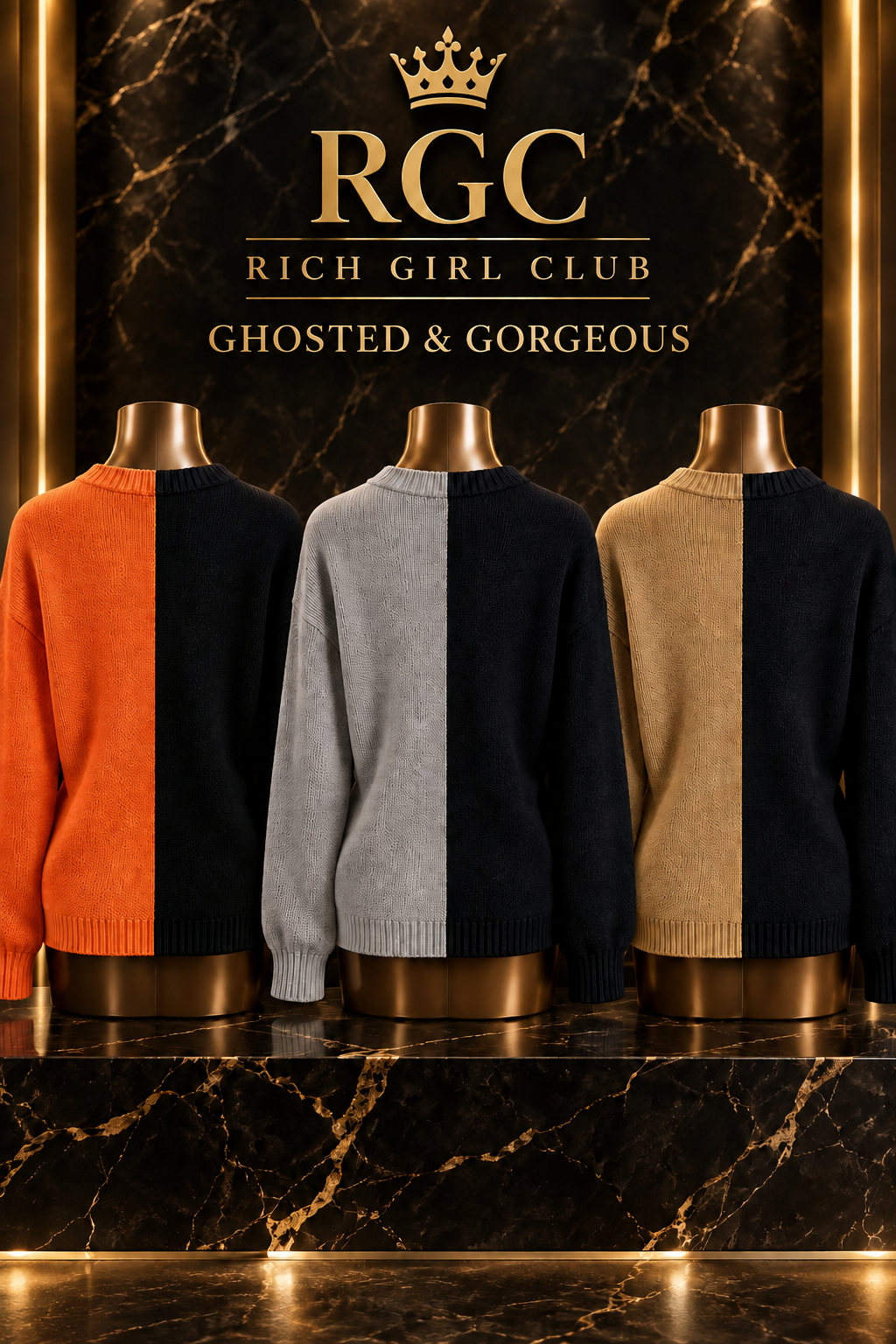 Ghosted & Gorgeous sweaters in Orange, Grey, and Khaki shown from the back