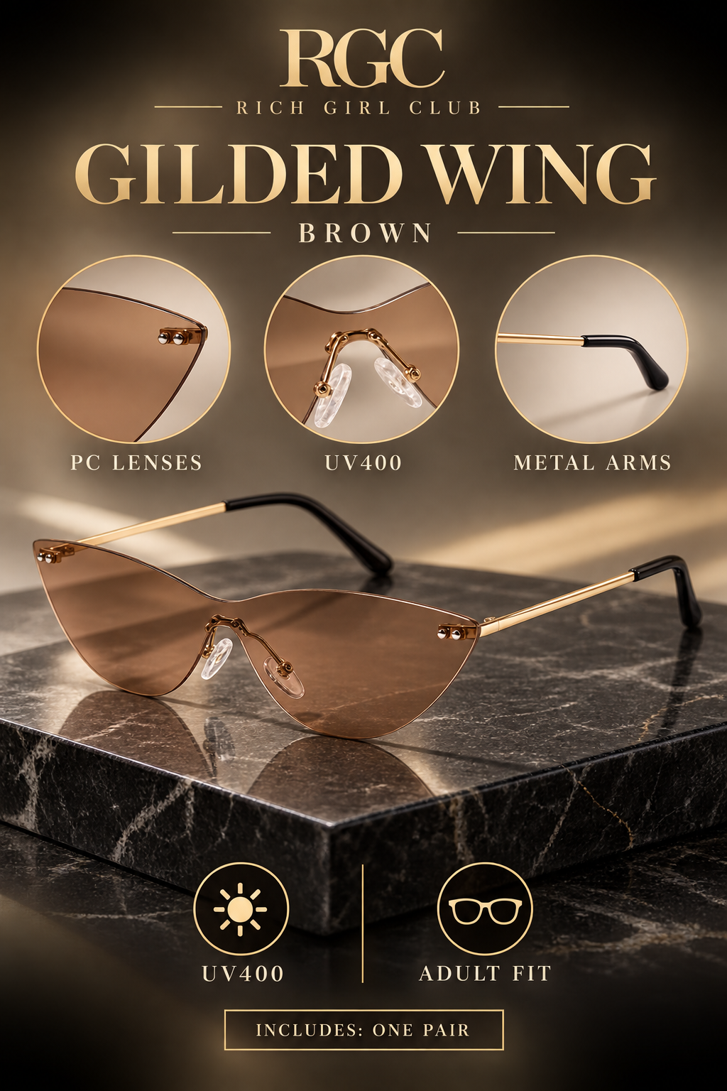 Gilded Wing Brown sunglasses with PC lens, metal arm, UV400, and adult fit details