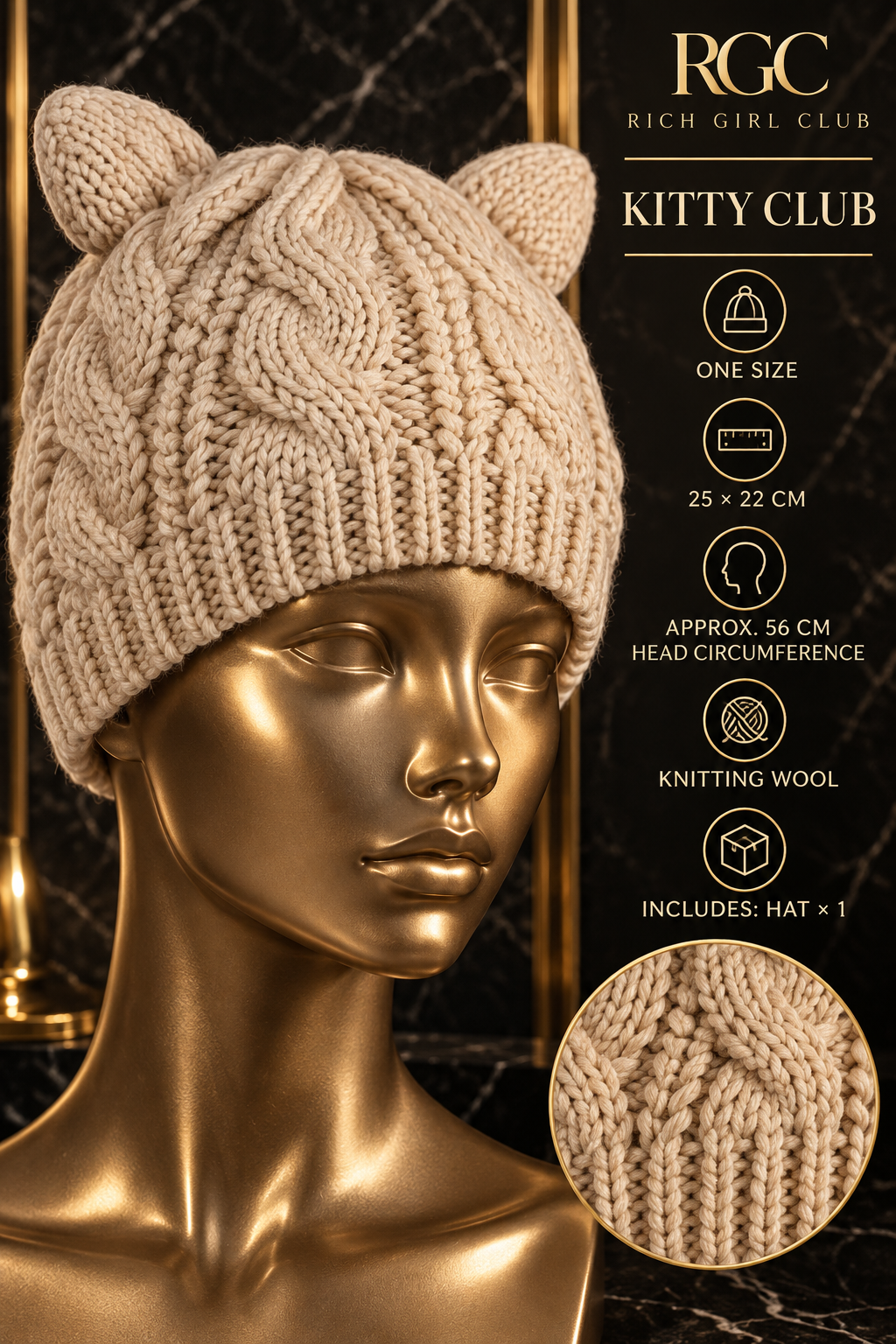 RGC Kitty Club beige cat-ear knit beanie with verified size and material details