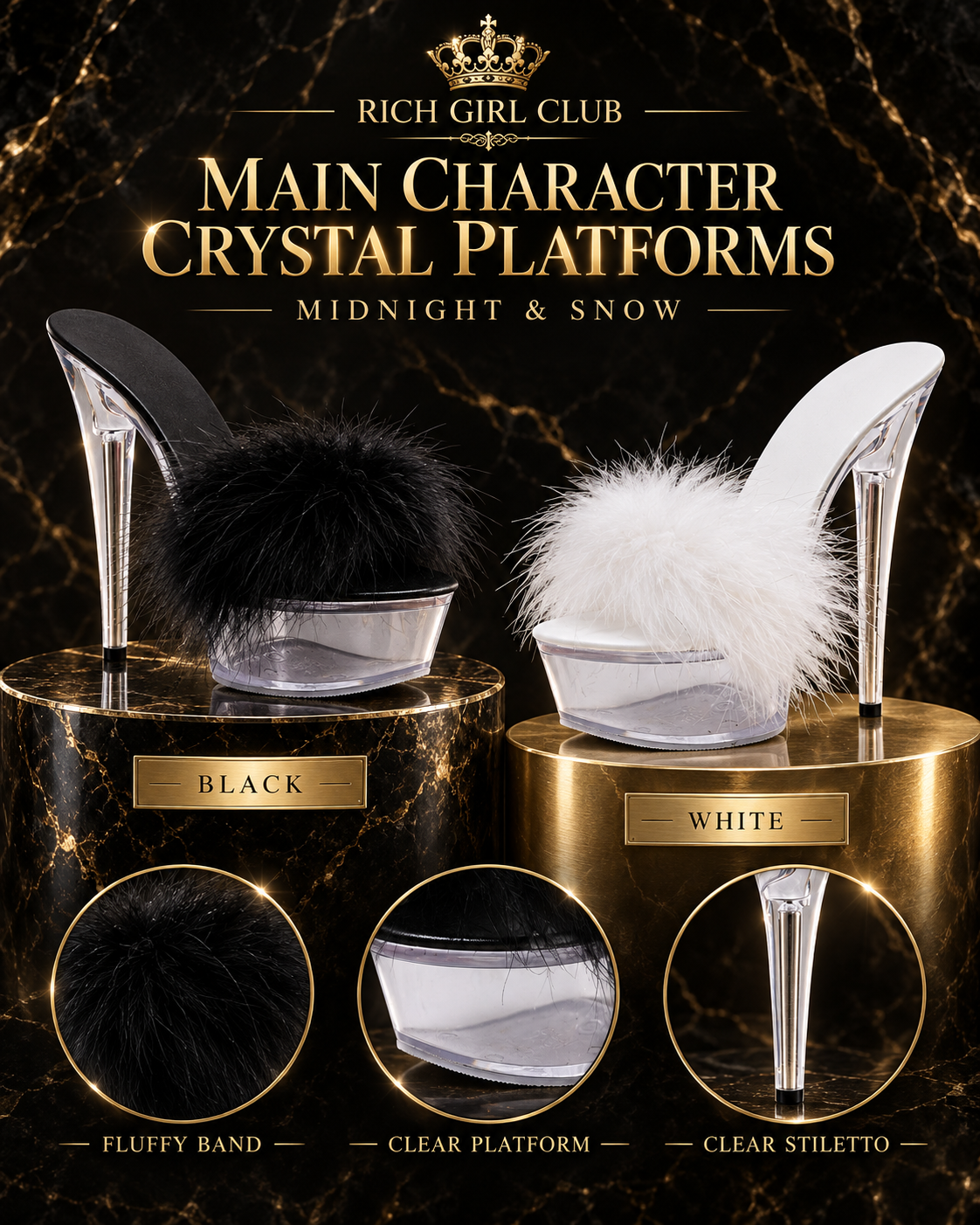 Main Character Crystal Platforms in Black and White