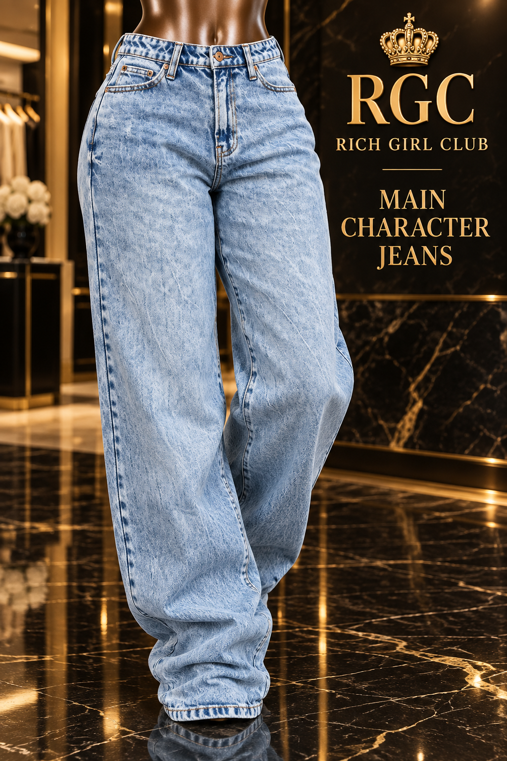 Three-quarter fit view of Light Blue Main Character Jeans in a Rich Girl Club branded campaign.
