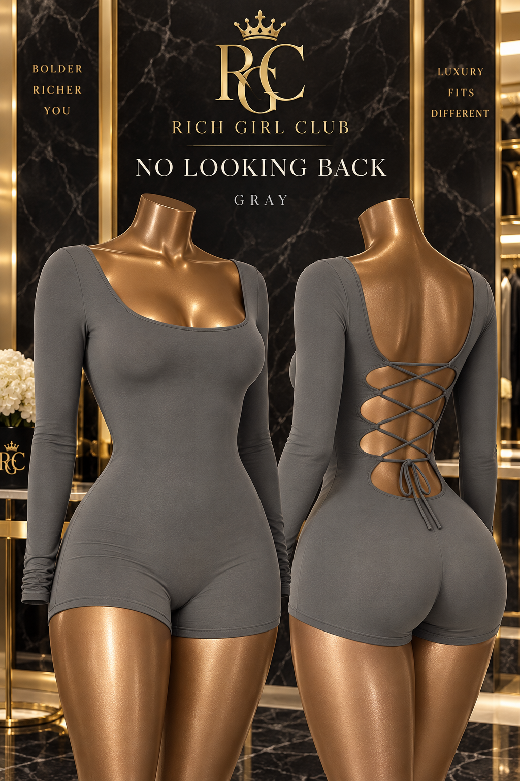 No Looking Back Gray romper by Rich Girl Club shown in front and back detail with scoop neckline and lace-up open back.