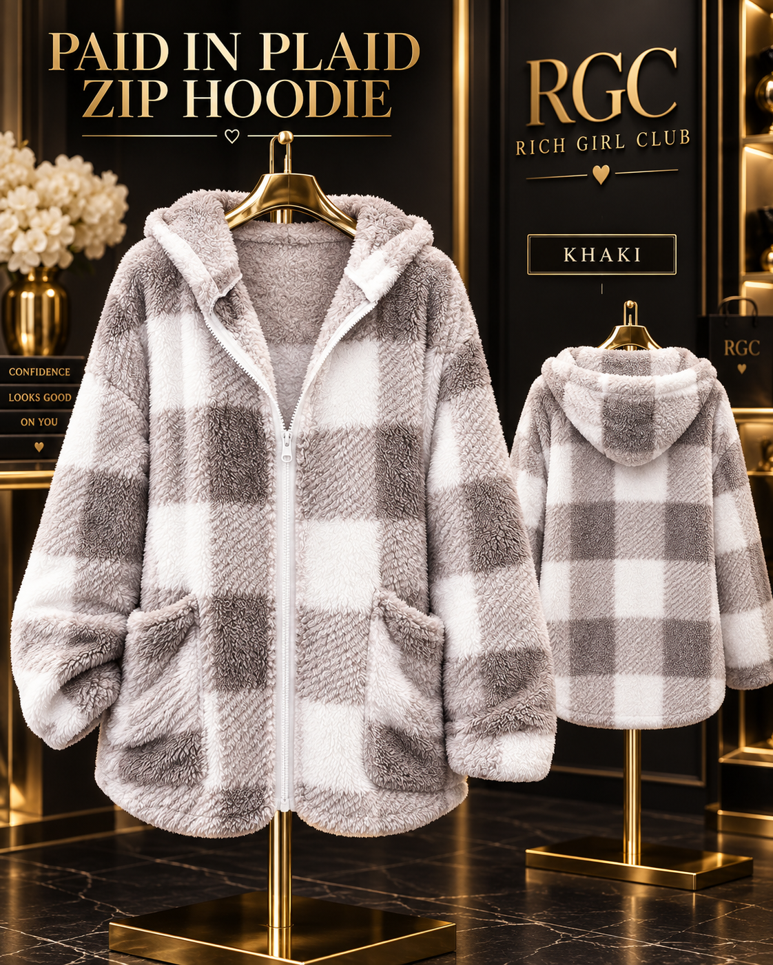 Paid in Plaid Zip Hoodie in Khaki, front and back
