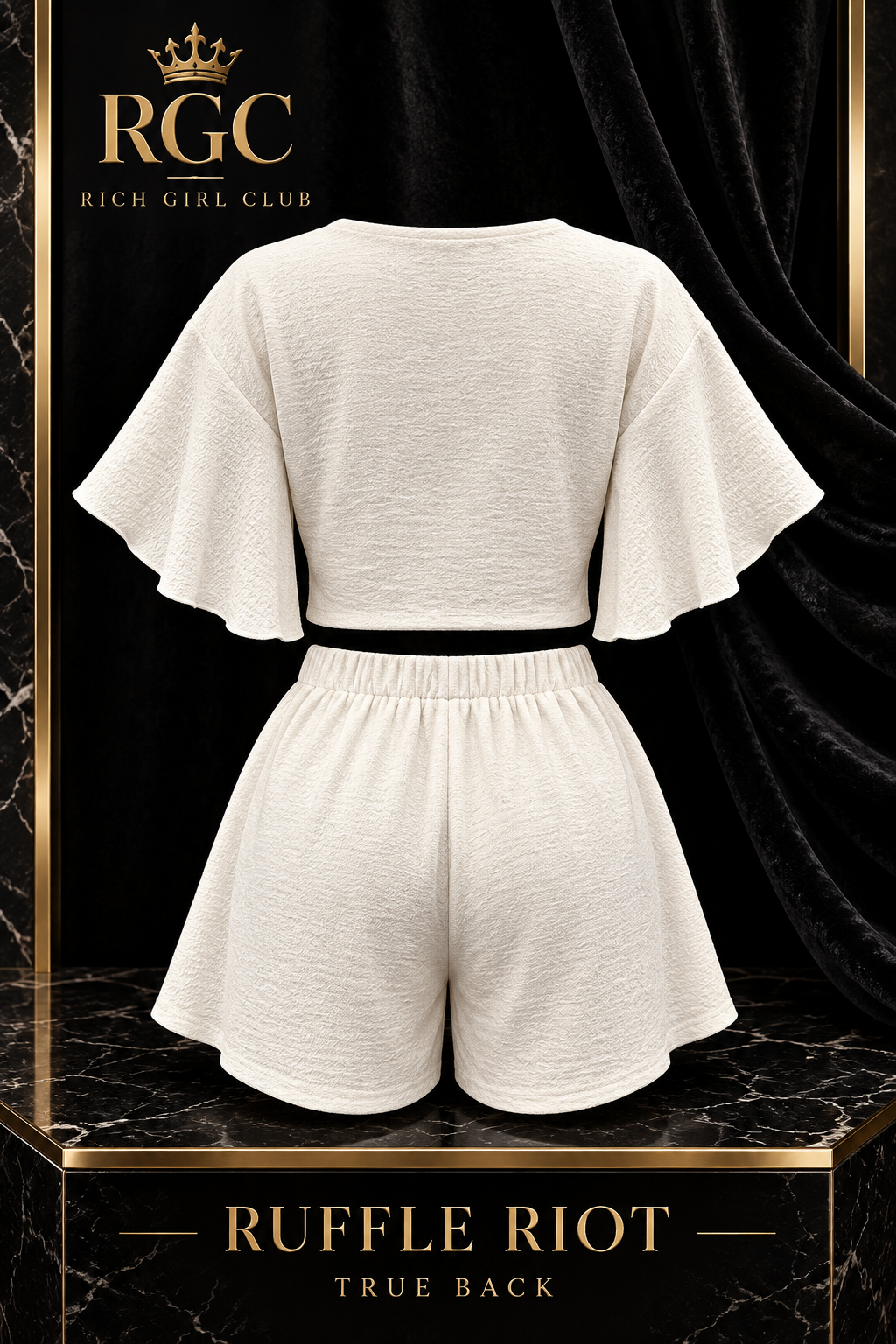 Ruffle Riot White ruffle-sleeve top and matching shorts back view