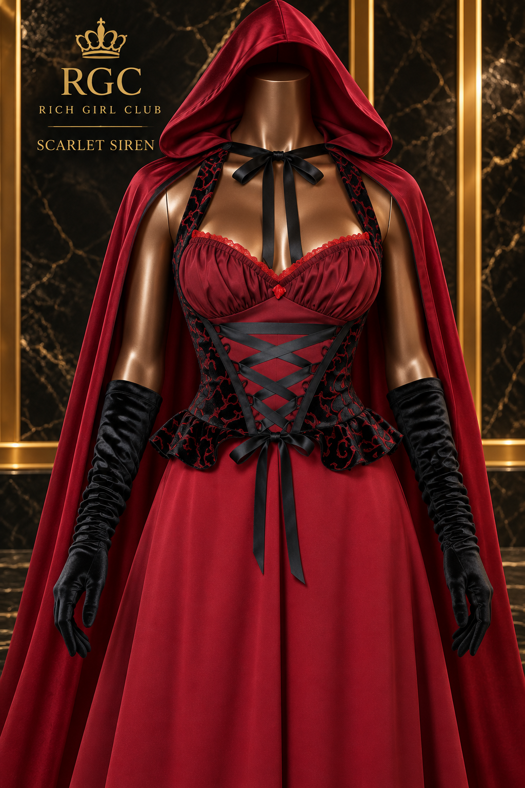 Scarlet Siren costume cape detail with hood, dark edging, neck ties, crossing waist bands, and black gloves
