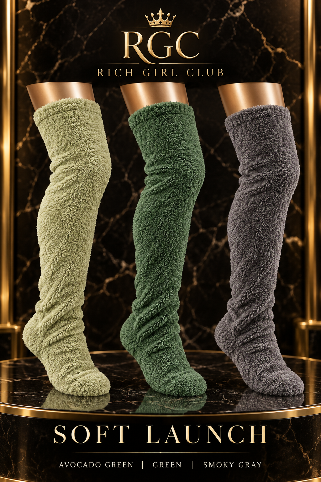 Soft Launch fuzzy over-the-knee socks in Avocado Green, Green, and Smoky Gray