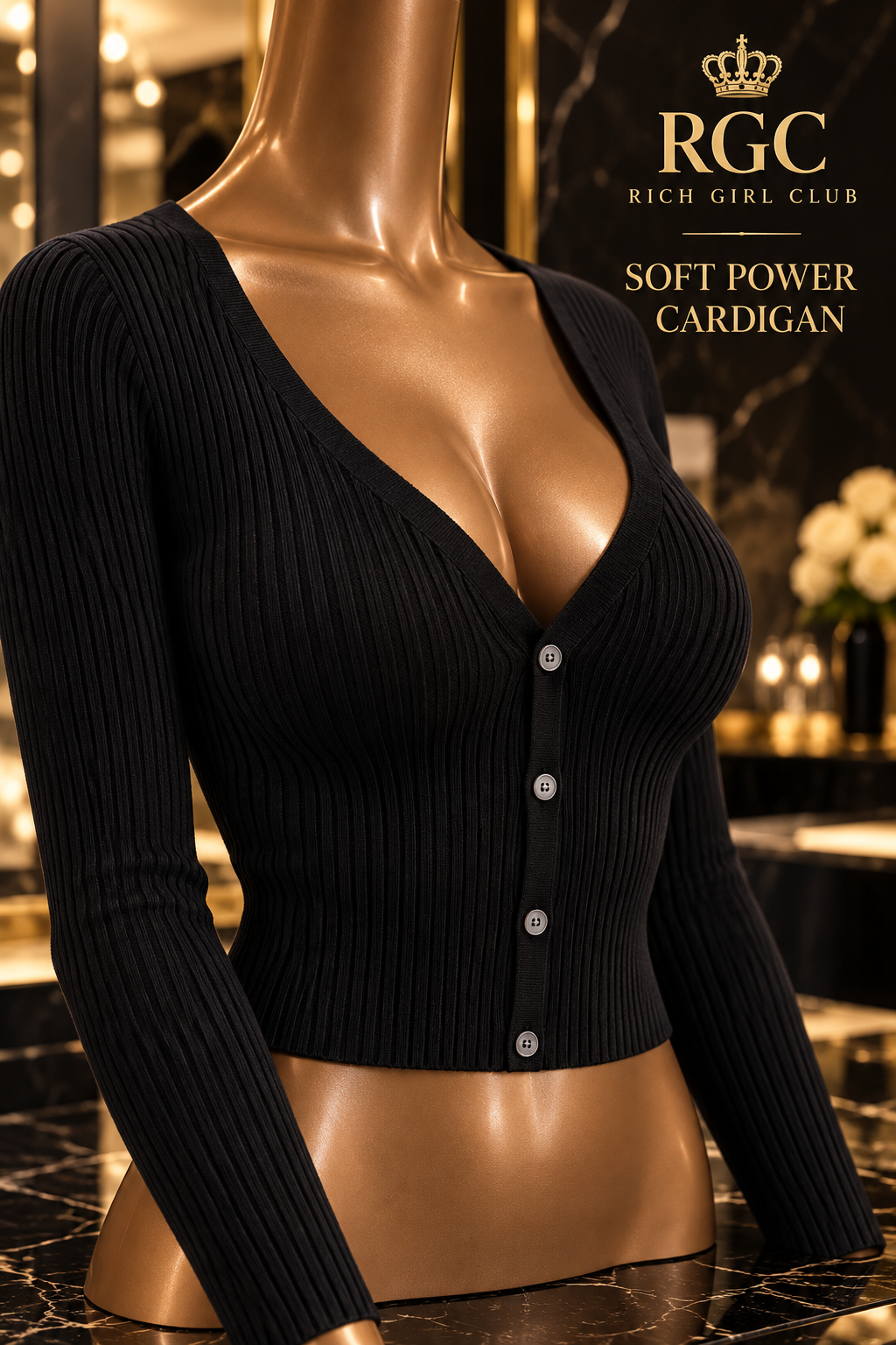 Soft Power Cardigan black three-quarter fit detail
