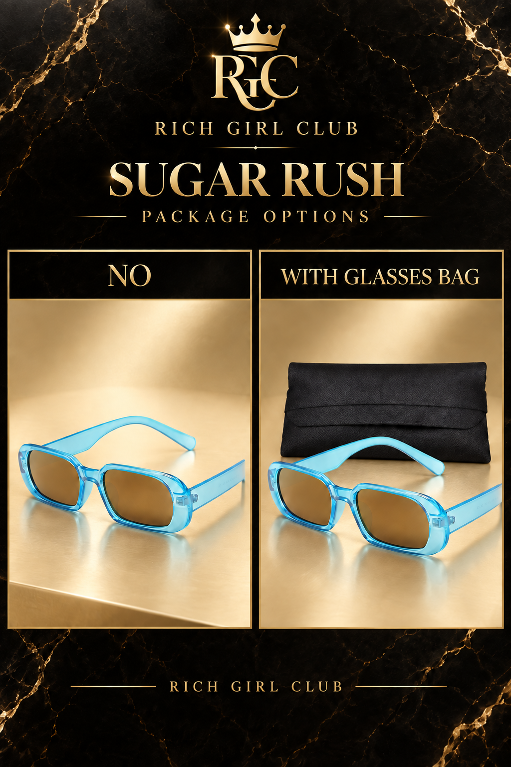 Sugar Rush Blue Tyrant Gold sunglasses by Rich Girl Club shown in No and With glasses bag package options.