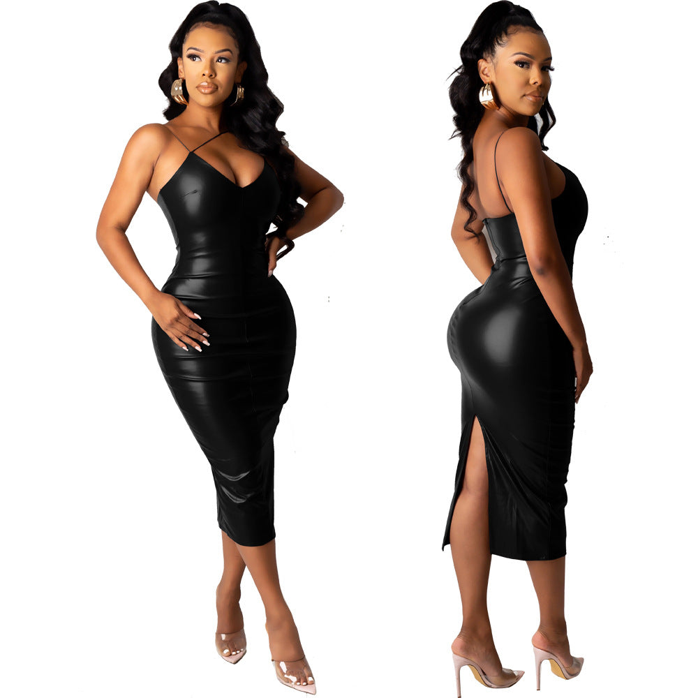 After Dark Sculpted PU Midi Dress supplier front and back views in black