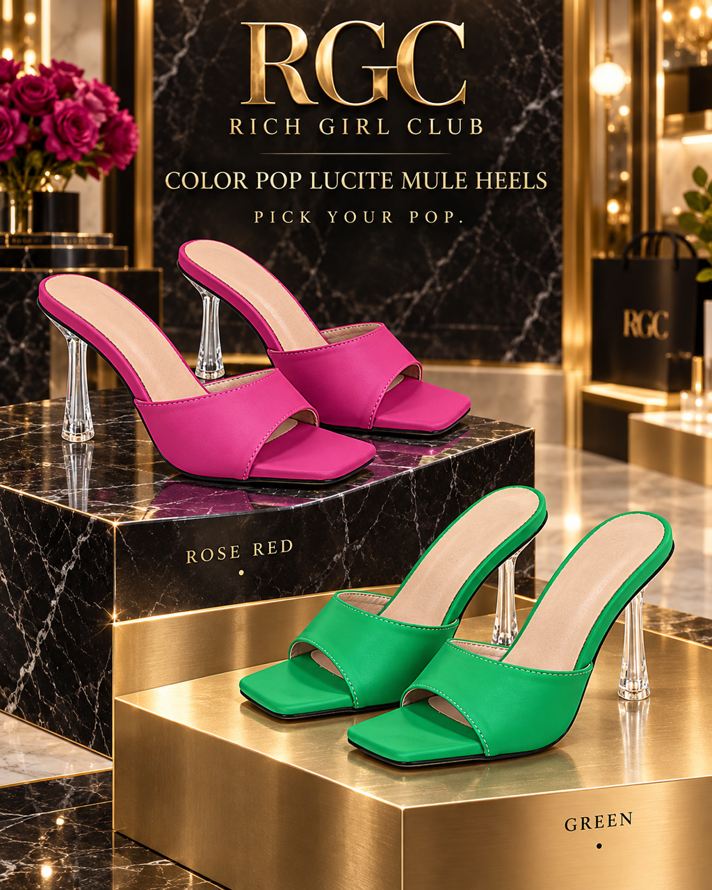 Rose Red and Green Color Pop Lucite Mule Heels in a Rich Girl Club campaign