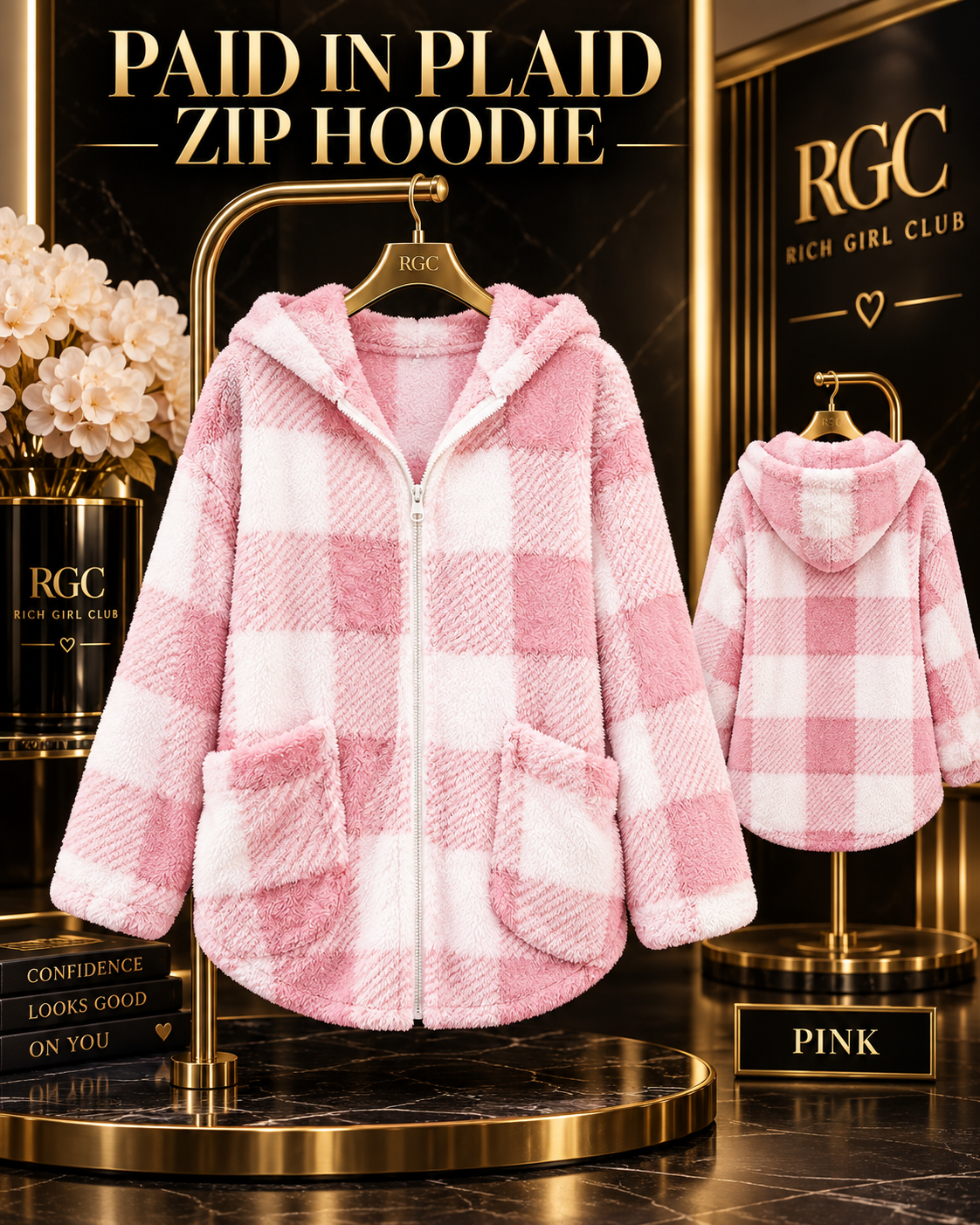 Paid in Plaid Zip Hoodie in Pink, front and back