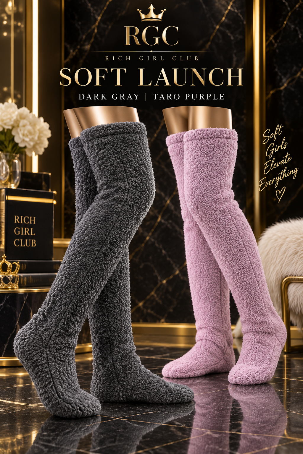 Soft Launch fuzzy over-the-knee socks in Dark Gray and Taro Purple