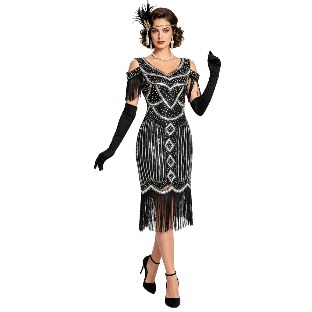Adult model wearing the Black Silver cold-shoulder fringe dress, alternate front pose.