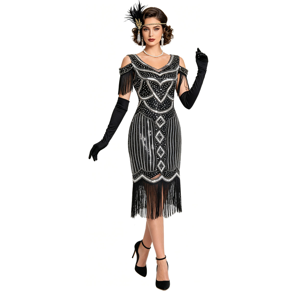 Adult model wearing the Black Silver cold-shoulder fringe dress, alternate front pose.
