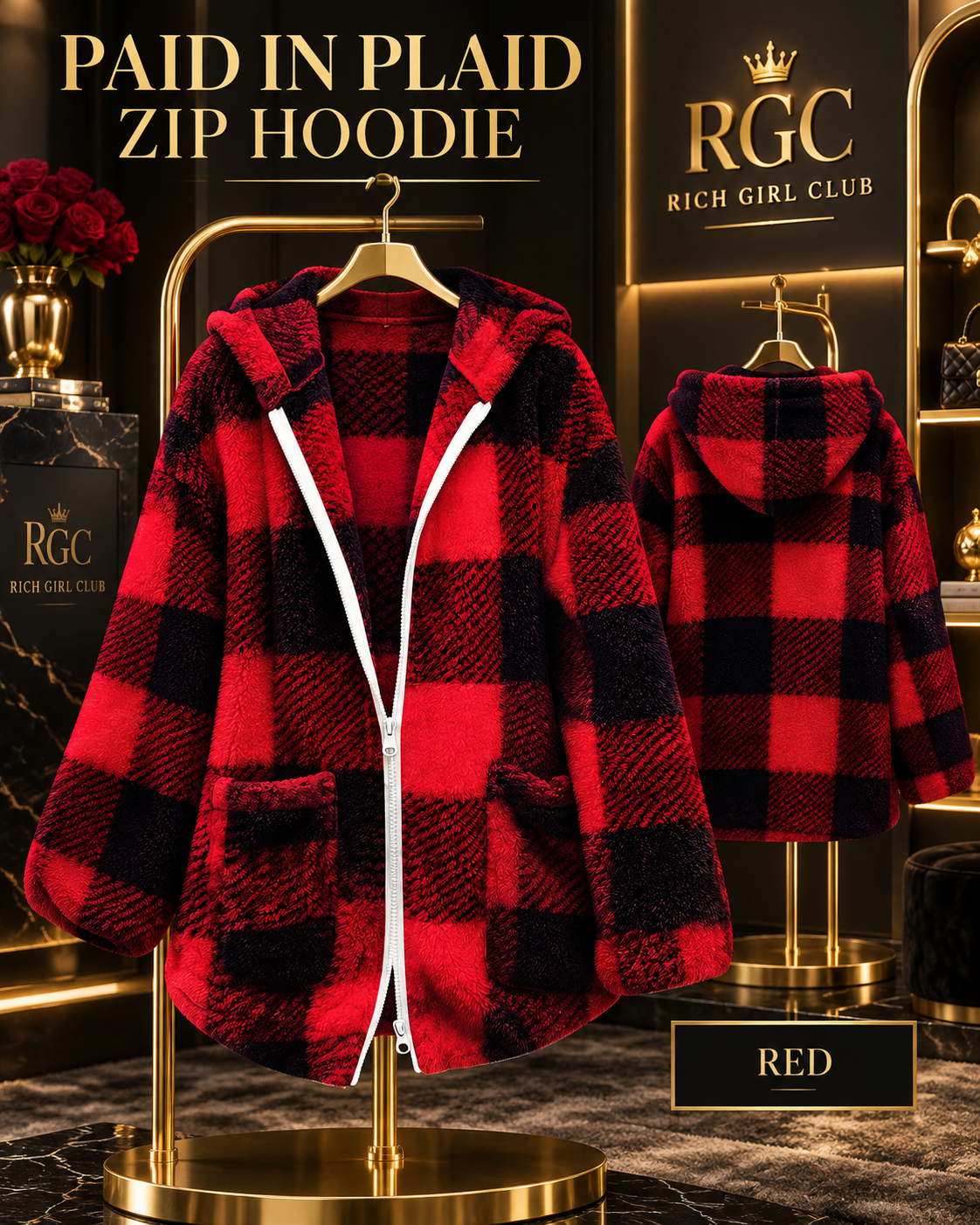 Paid in Plaid Zip Hoodie in Red, front and back