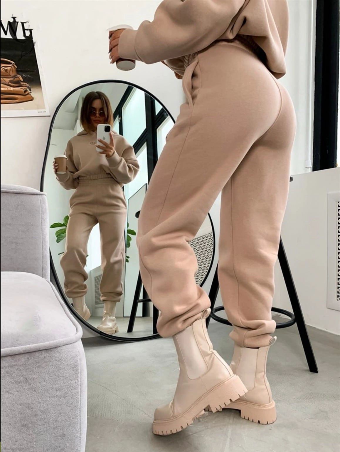 Dark khaki Soft Life jogger set rear-detail mirror view