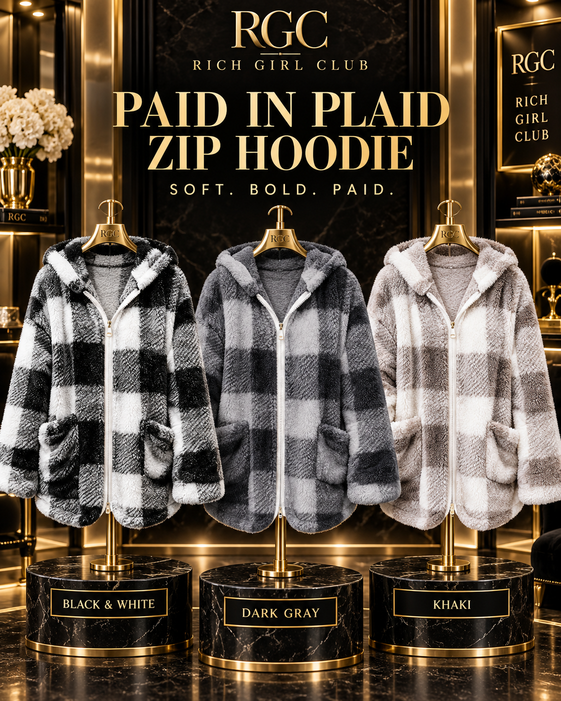 Paid in Plaid Zip Hoodie campaign featuring Black & White, Dark Gray, and Khaki