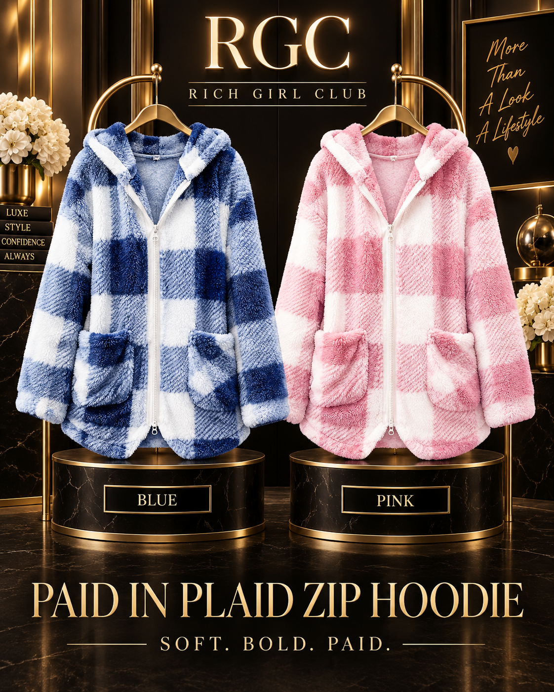 Paid in Plaid Zip Hoodie campaign featuring Blue and Pink