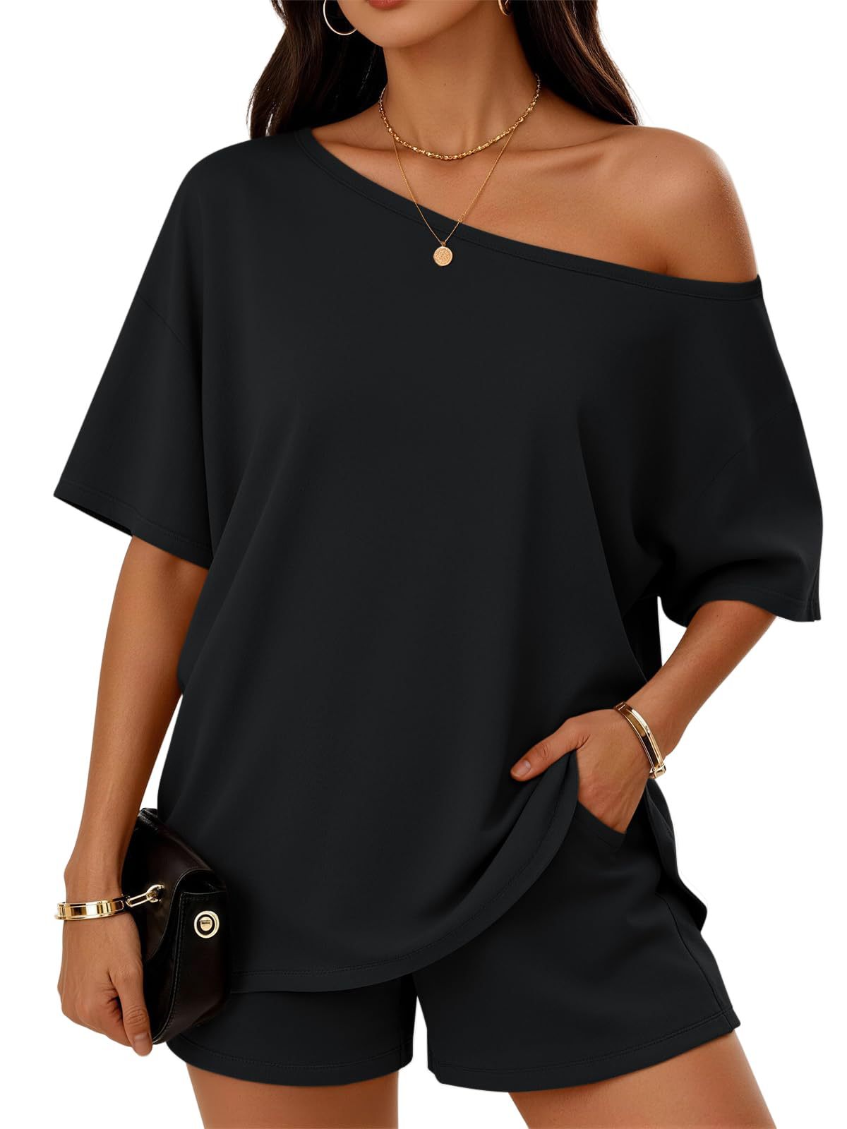 Black Shoulder Kiss tee and shorts set with pocket detail.