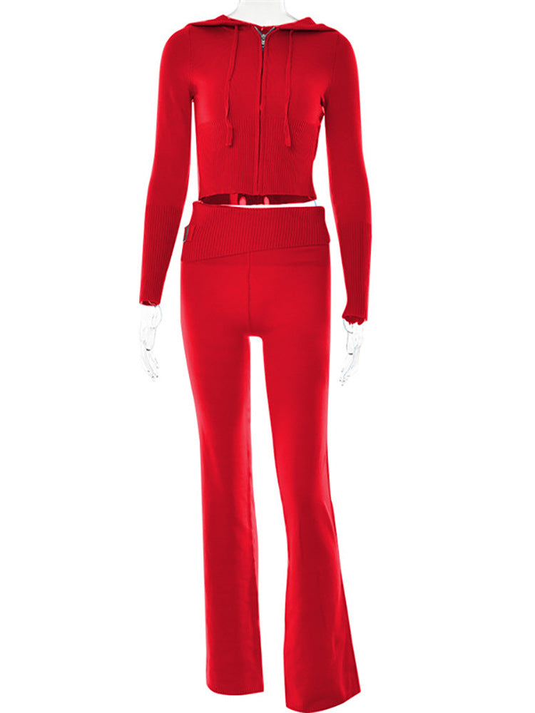 Jet Set Knit Hoodie Set view of the fitted zip-front hooded knit top and matching high-waist trousers (image 2).