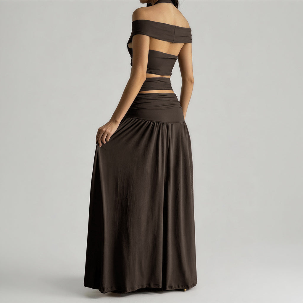 Dark-brown halter cutout maxi, full-length back product view
