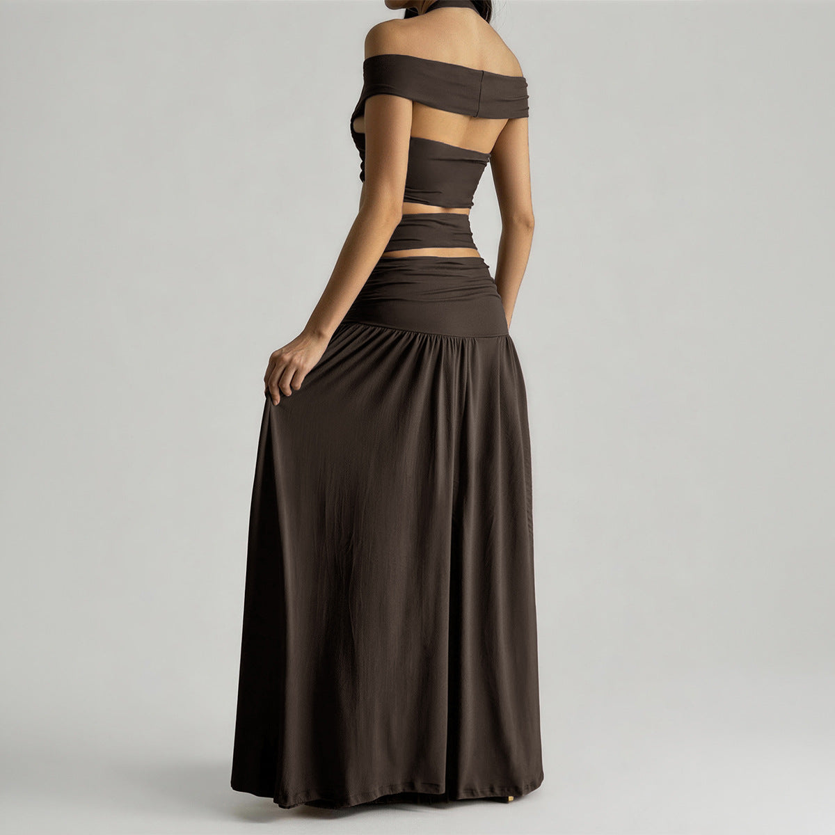 Dark-brown halter cutout maxi, full-length back product view