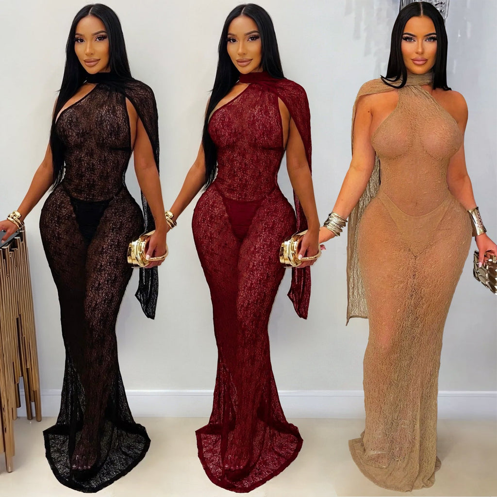Gallery showing the Lace After Midnight Maxi Dress in Black, Wine Red, and Apricot.