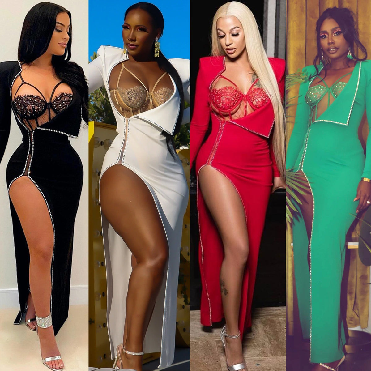 Four women modeling long, form-fitting maxi dresses with high thigh slits and plunging neckline details.