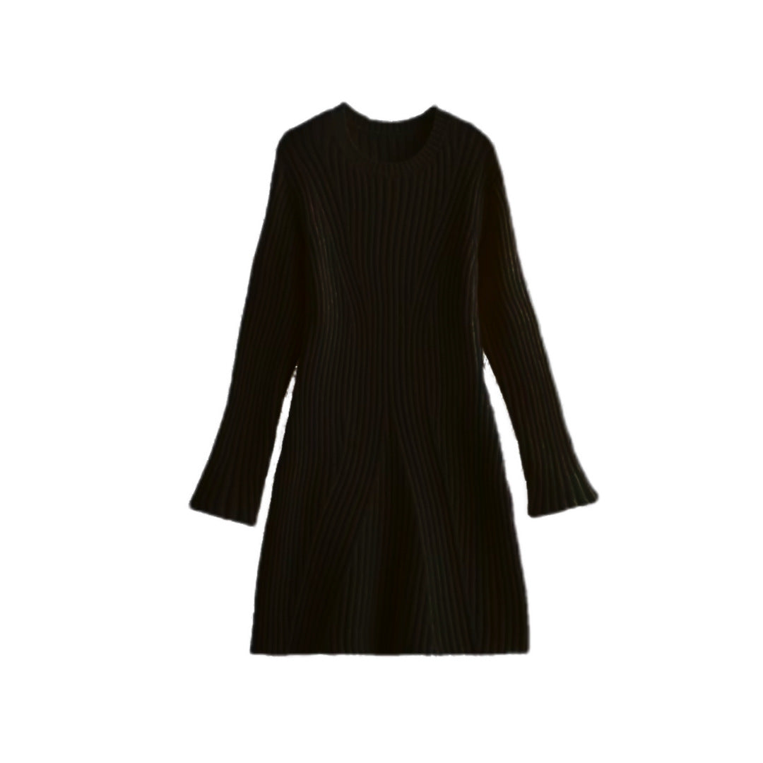 Black ribbed long-sleeve A-line dress shown flat from the front.