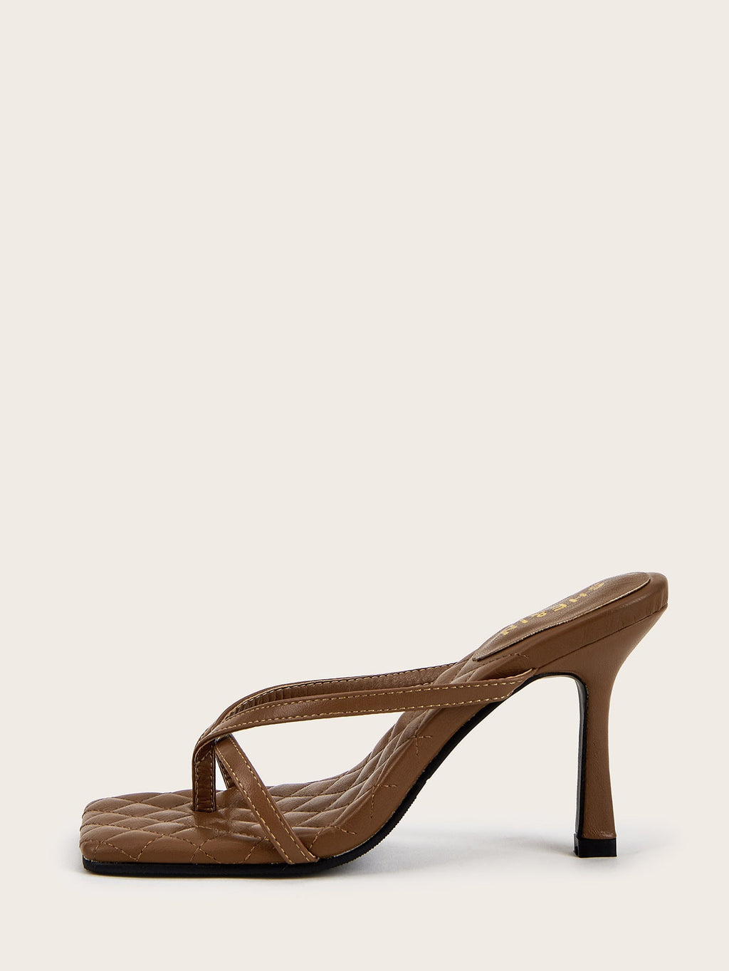 Bronze sculpted strap mule heel side profile with quilted footbed