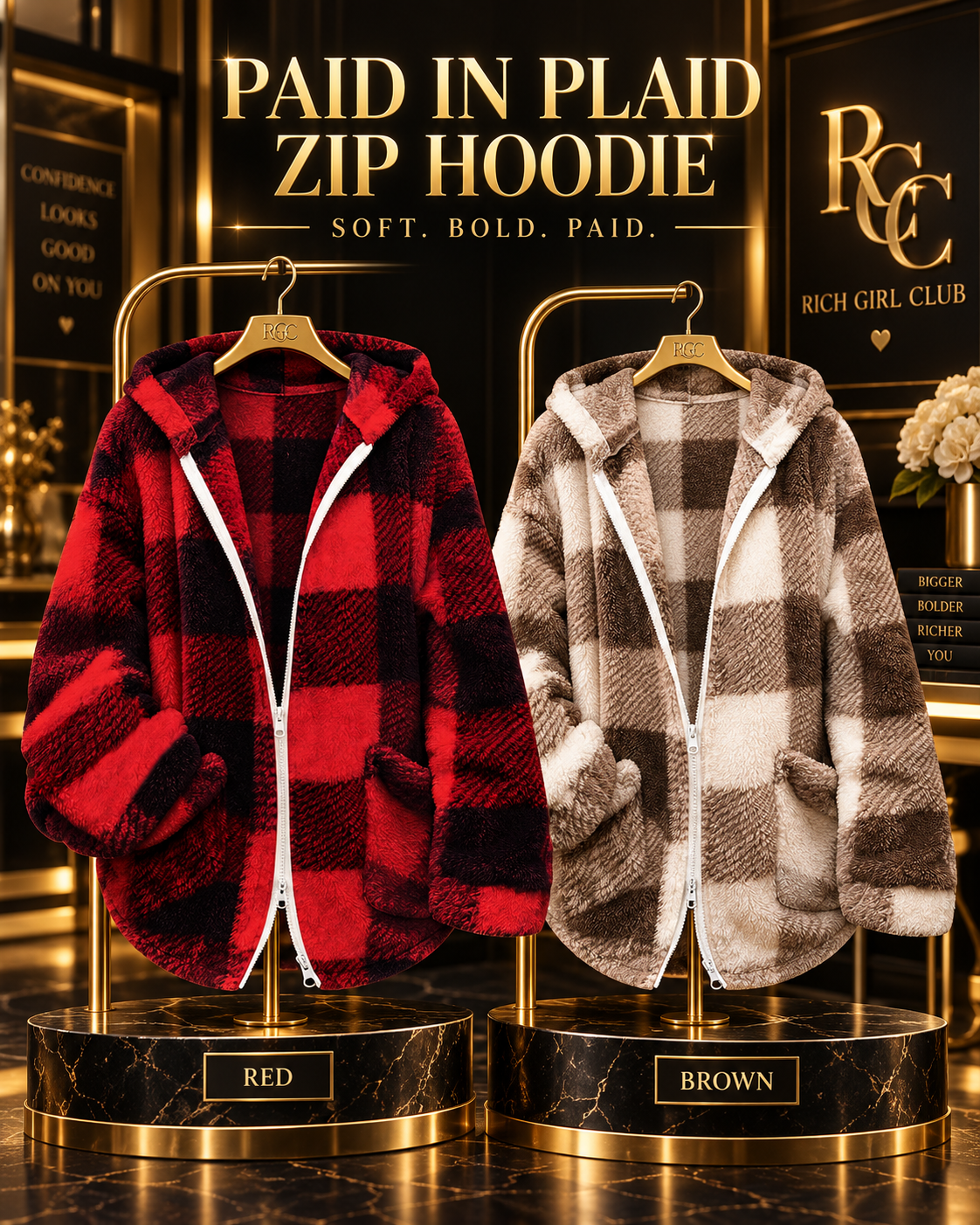 Paid in Plaid Zip Hoodie campaign featuring Red and Brown