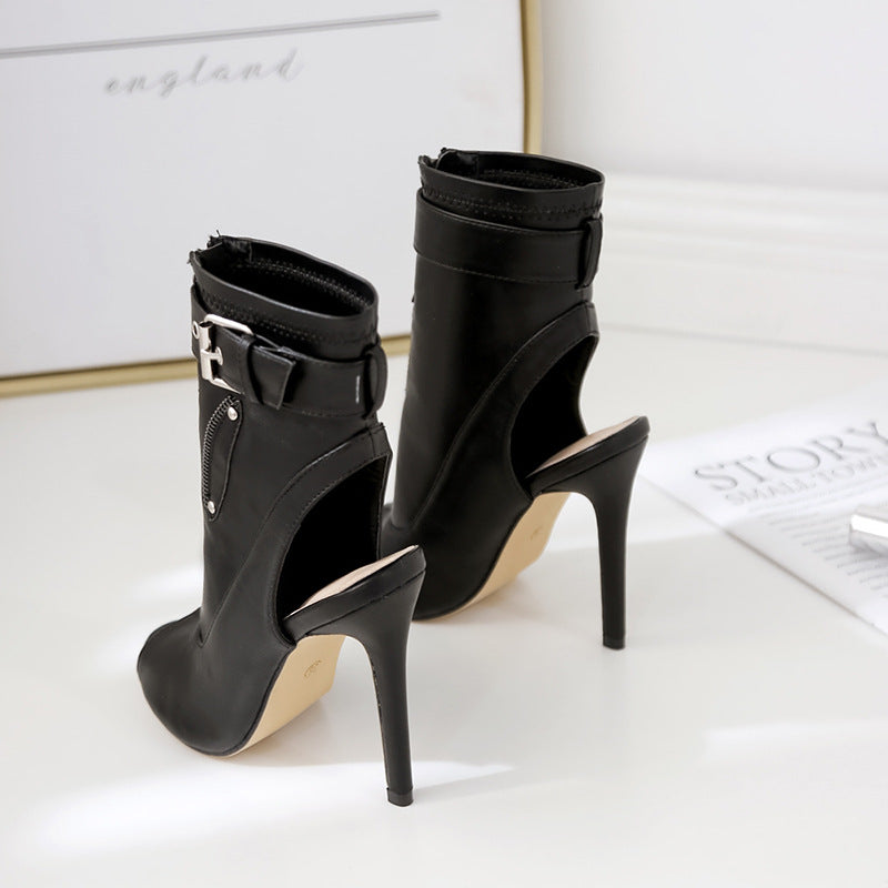 Black After Dark Cutout Stiletto Sandals front and rear views showing slingback cutouts and slim heels
