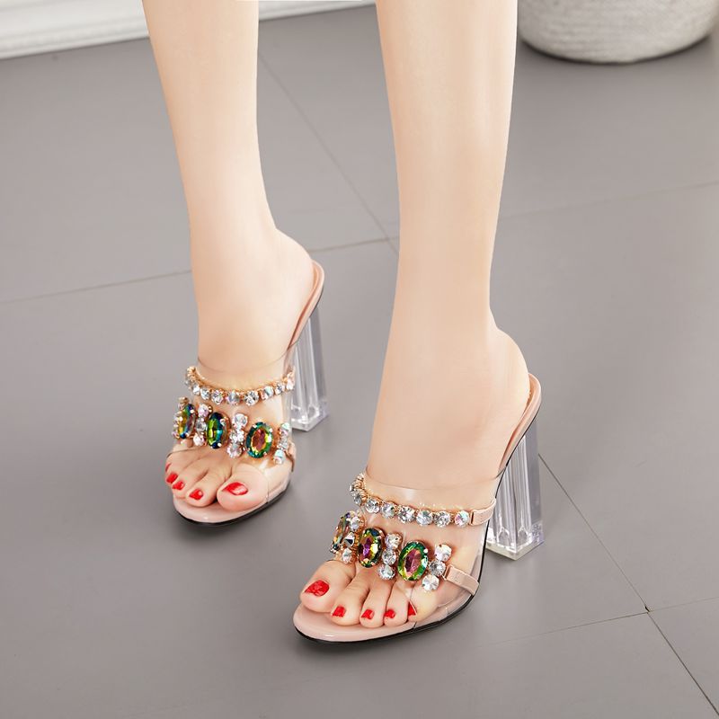 Champagne Spark Block Heels worn front view showing open toes and jeweled transparent straps