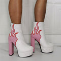 Pink Flame Platform Ankle Boots pair showing round toes stitched flames and chunky heels