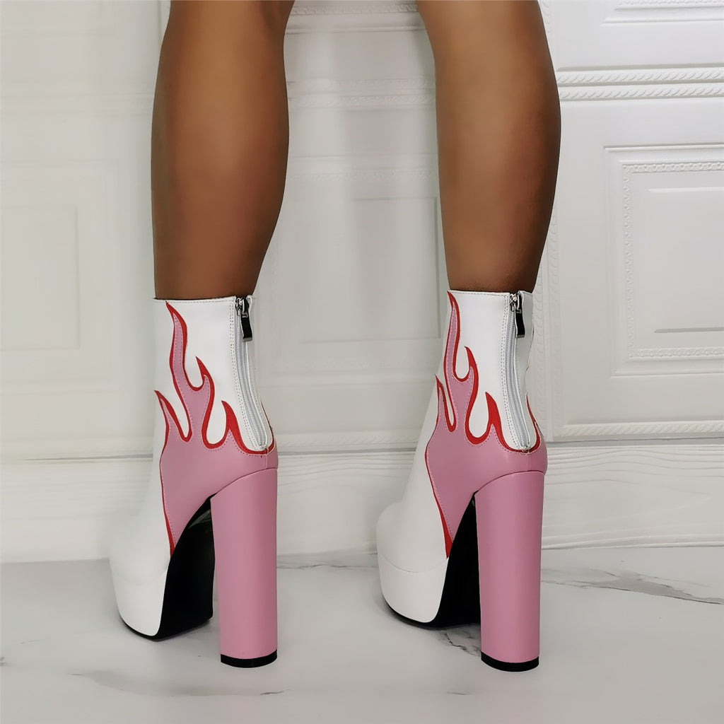 Pink Flame Platform Ankle Boots rear view showing silver-pull back zippers