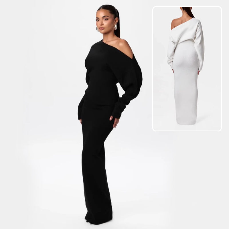 Black Shoulder Kiss Column Dress shown from the front with an inset back view in white.