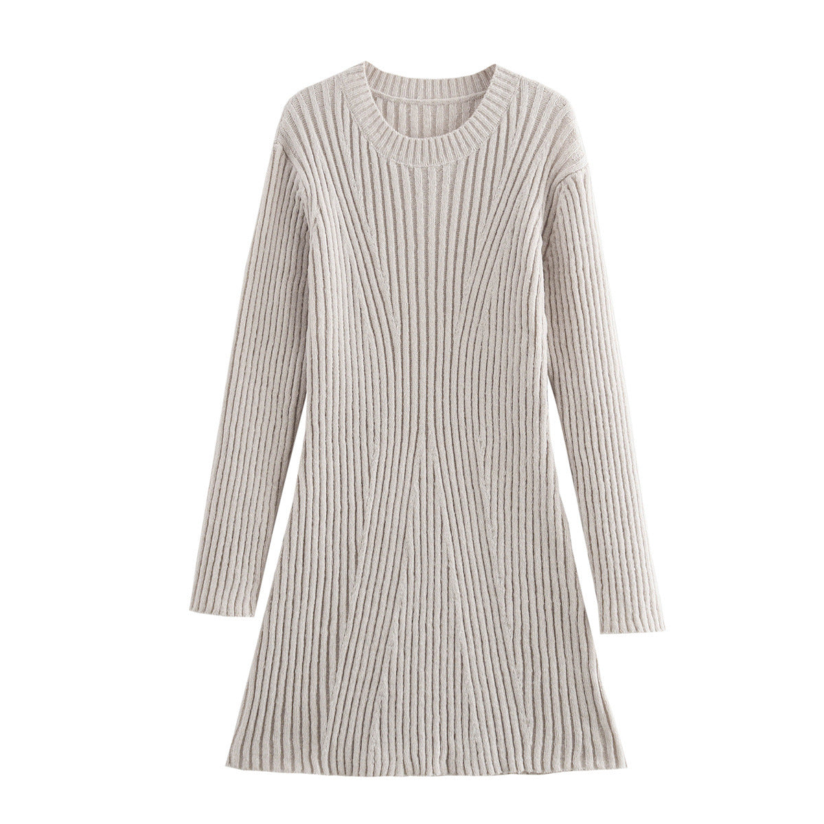 Light gray ribbed long-sleeve A-line dress shown flat from the front.