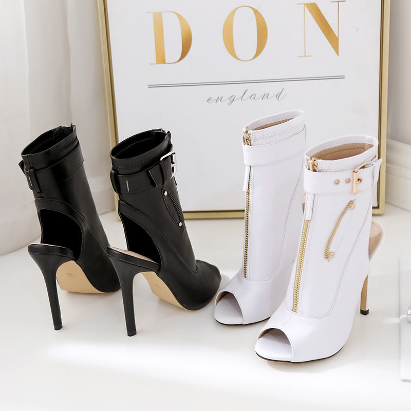 Black and white After Dark Cutout Stiletto Sandals rear and front product views
