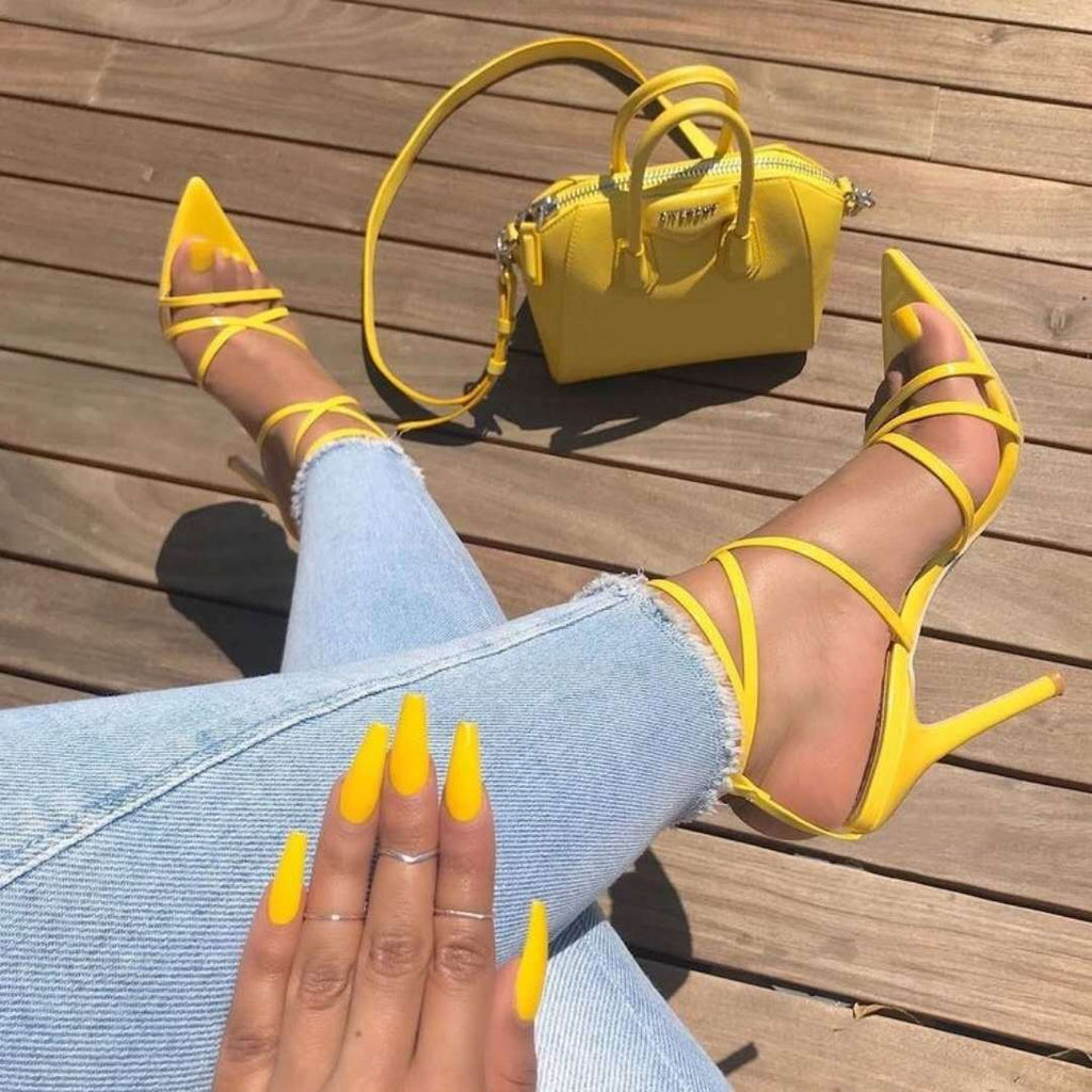 Yellow Power Line Strappy Stiletto Sandals alternate worn view