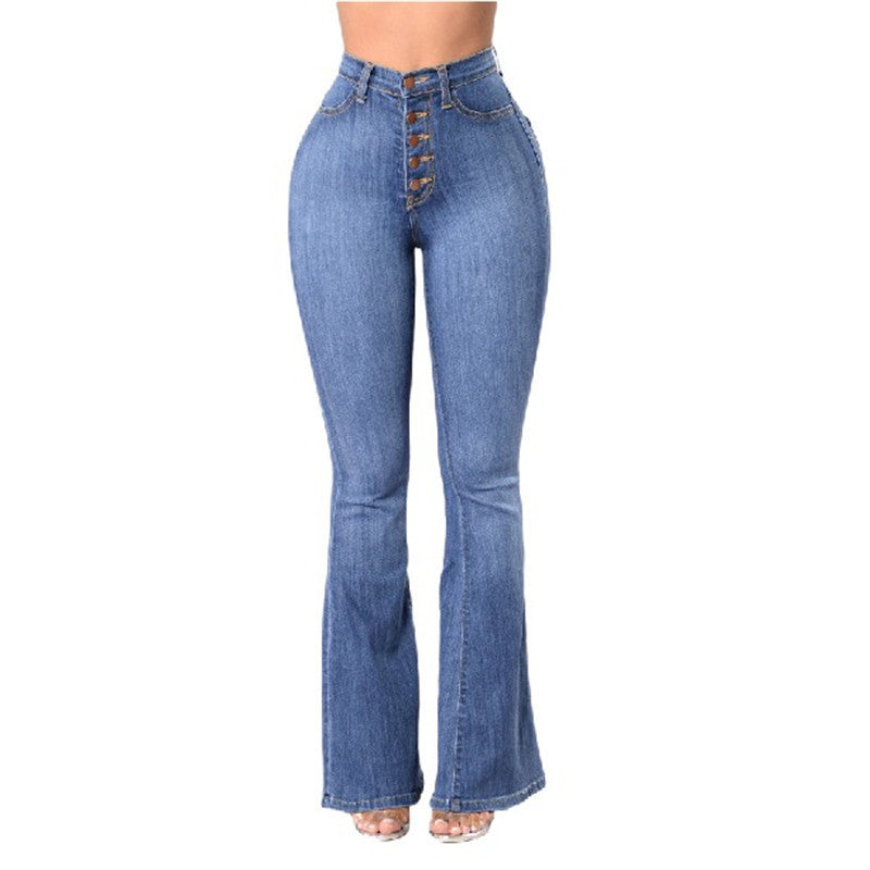 Light Blue Big Energy Jeans isolated front view showing the high waist and flare silhouette.