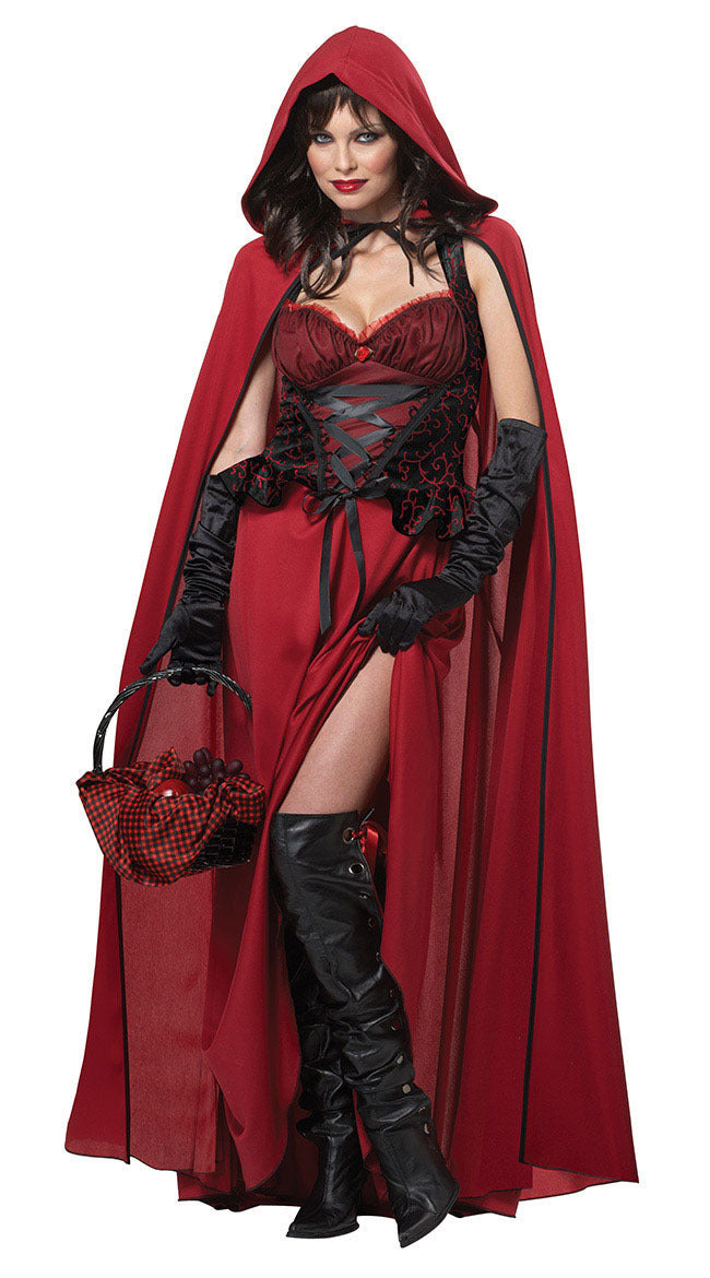Scarlet Siren red-and-black costume with hooded shawl and black gloves in a full-length front view