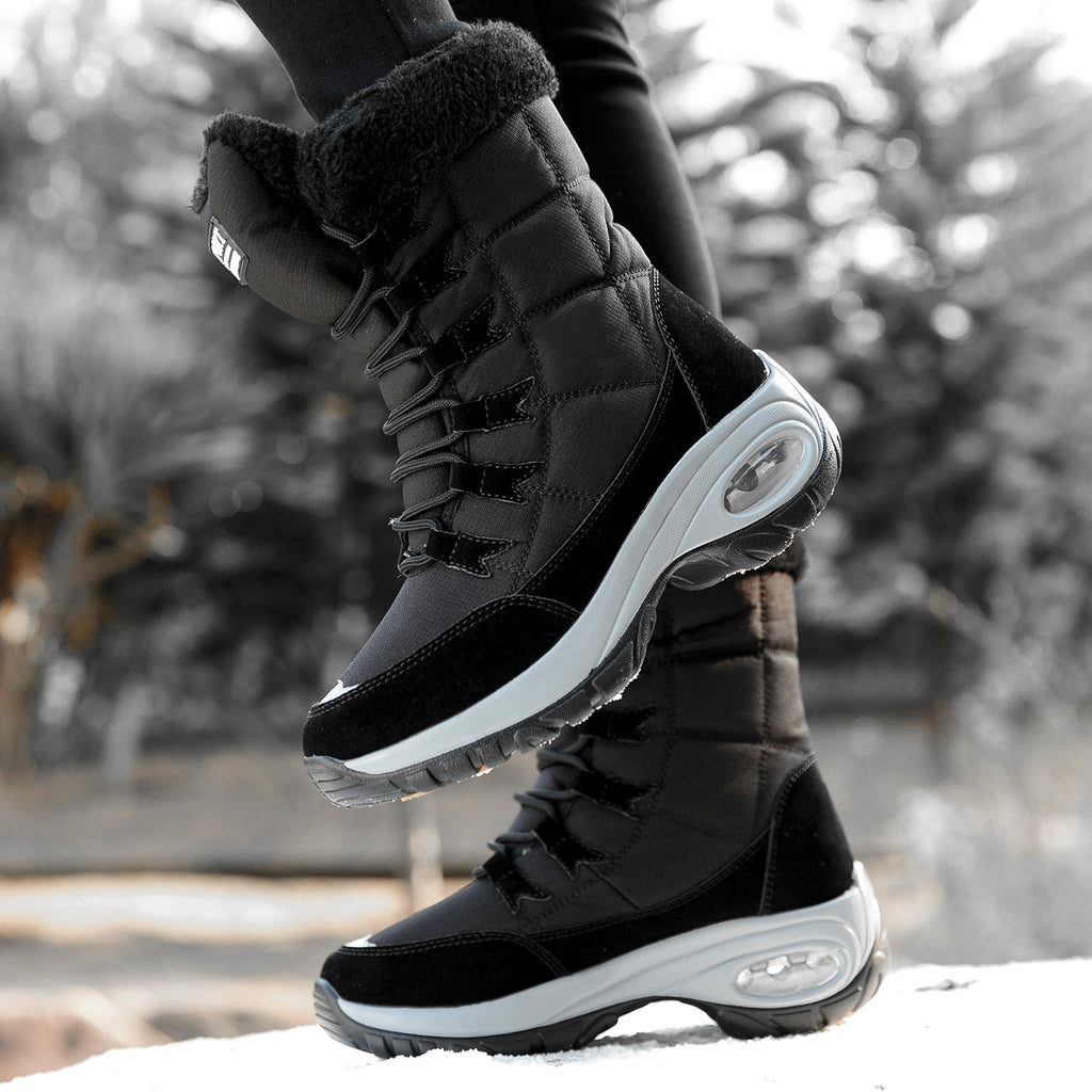 Snow Angel Platform Boots supplier reference view 3 showing black, red and white quilted snow boots with plush black cuffs, black laces and platform soles