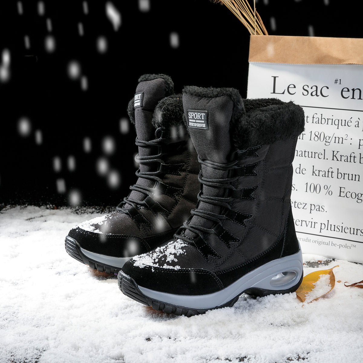 Snow Angel Platform Boots supplier reference view 2 showing black, red and white quilted snow boots with plush black cuffs, black laces and platform soles