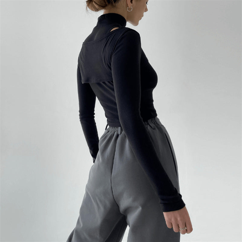 Layered Muse black mock-neck crop top back view
