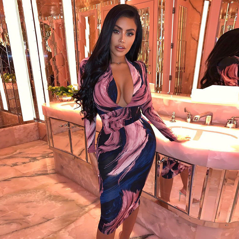 Midnight Muse Printed Midi Dress worn in full front view in a mirrored interior