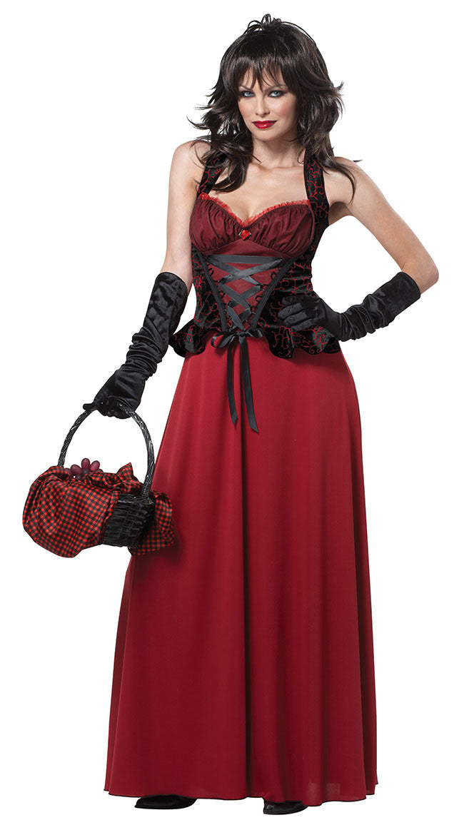 Scarlet Siren red-and-black costume without the cape in a full-length front view