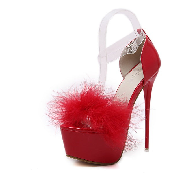 Fur After Dark Platform Heels supplier reference view 2 showing platform stiletto sandals with faux-fur vamps and clear ankle straps in black, pink, red and white