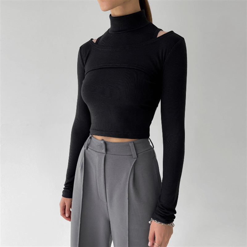 Layered Muse black mock-neck crop top three-quarter view
