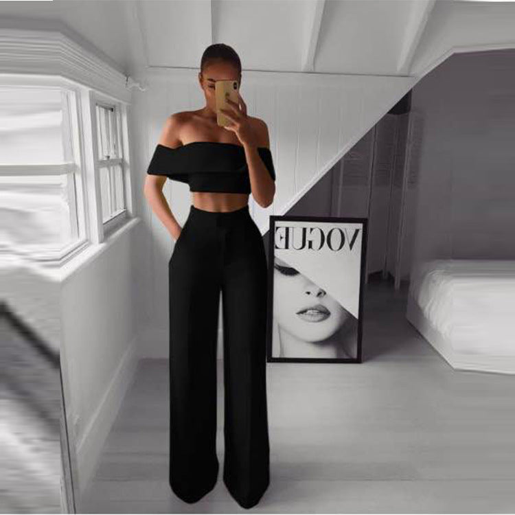 CEO Off-Shoulder Wide-Leg Set supplier image showing the black set from the front