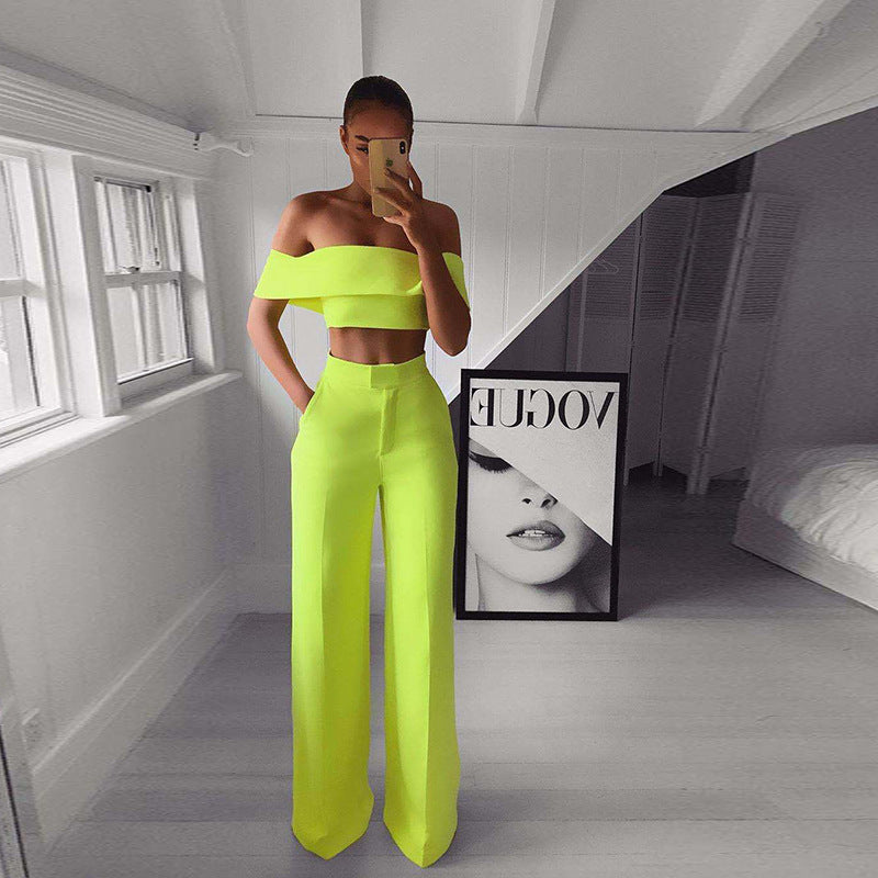CEO Off-Shoulder Wide-Leg Set supplier image showing the green set from the front